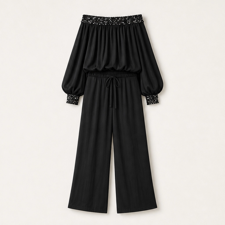 Noirelle – Off-Shoulder Sequined Top &amp; Wide-Leg Pants Set + 50% OFF