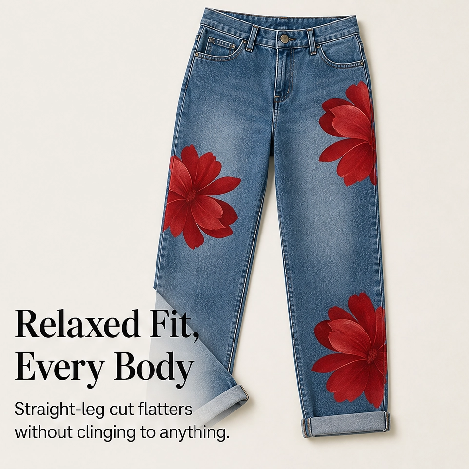 Petalene – Artistic Floral-Print Wide-Leg Cropped Jeans + 50% OFF