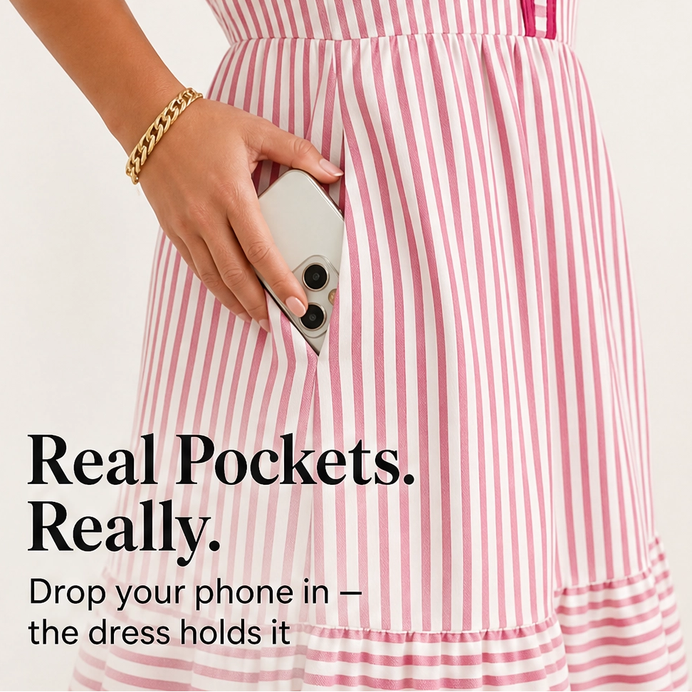 Marisole – V-Neck Ruffle Striped Midi Dress with Pockets + 50% OFF