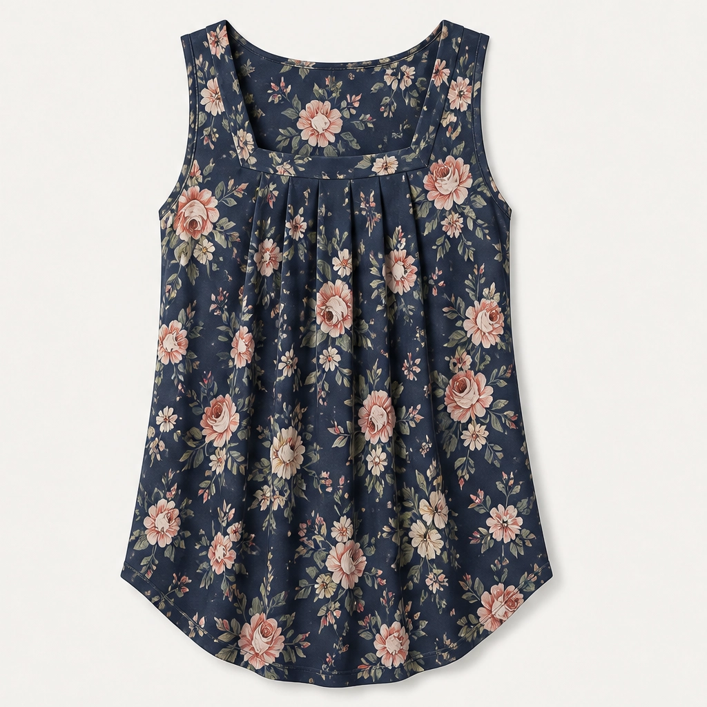 Vellara – Pleated Square Neck Flowy Sleeveless Tank Top + 50% OFF