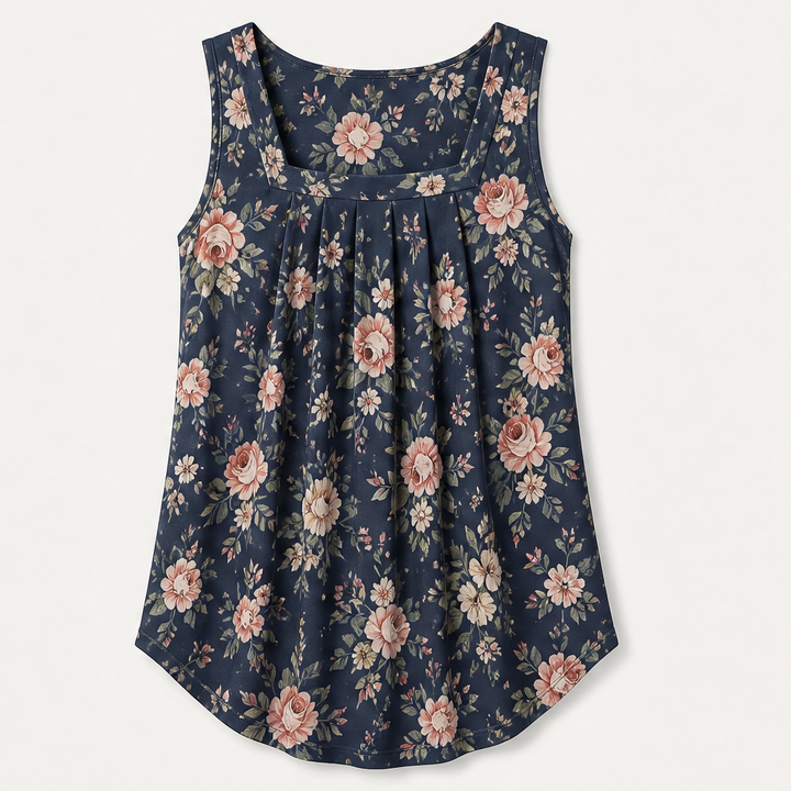 Vellara – Pleated Square Neck Flowy Sleeveless Tank Top + 50% OFF