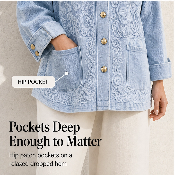 Fleurette – Floral Lace Patchwork Loose Denim Jacket + 50% OFF