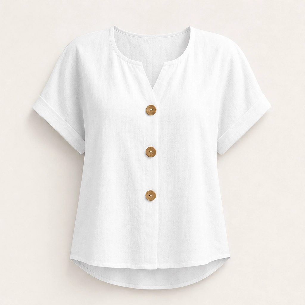 Linnea – Breathable V-Neck Button Top with Wooden Buttons + 50% OFF