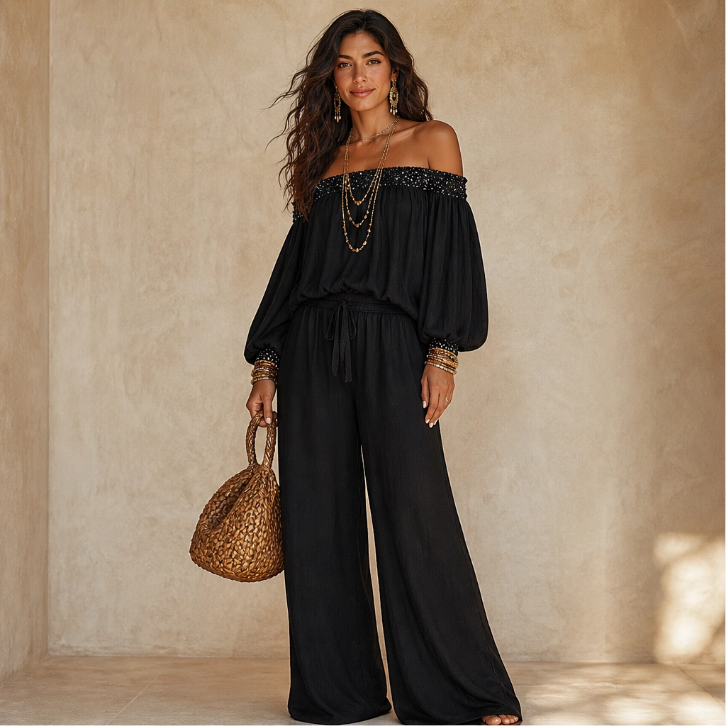 Noirelle – Off-Shoulder Sequined Top &amp; Wide-Leg Pants Set + 50% OFF