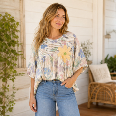 Primvale – Pleated Appliqué Floral Puff-Sleeve Blouse + 50% OFF