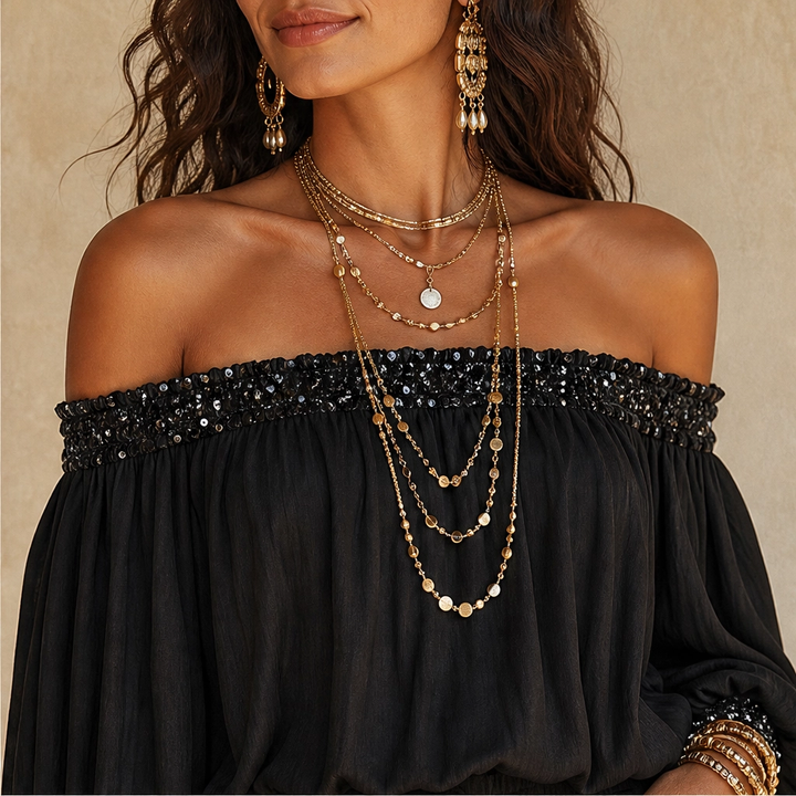 Noirelle – Off-Shoulder Sequined Top &amp; Wide-Leg Pants Set + 50% OFF
