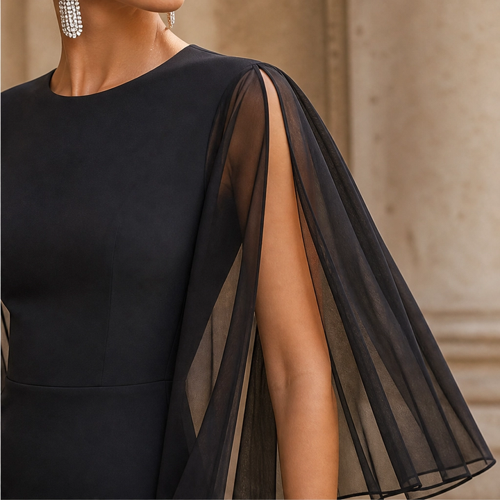 Soirelle – Chiffon Cape-Sleeve Fitted Midi Dress + 50% OFF
