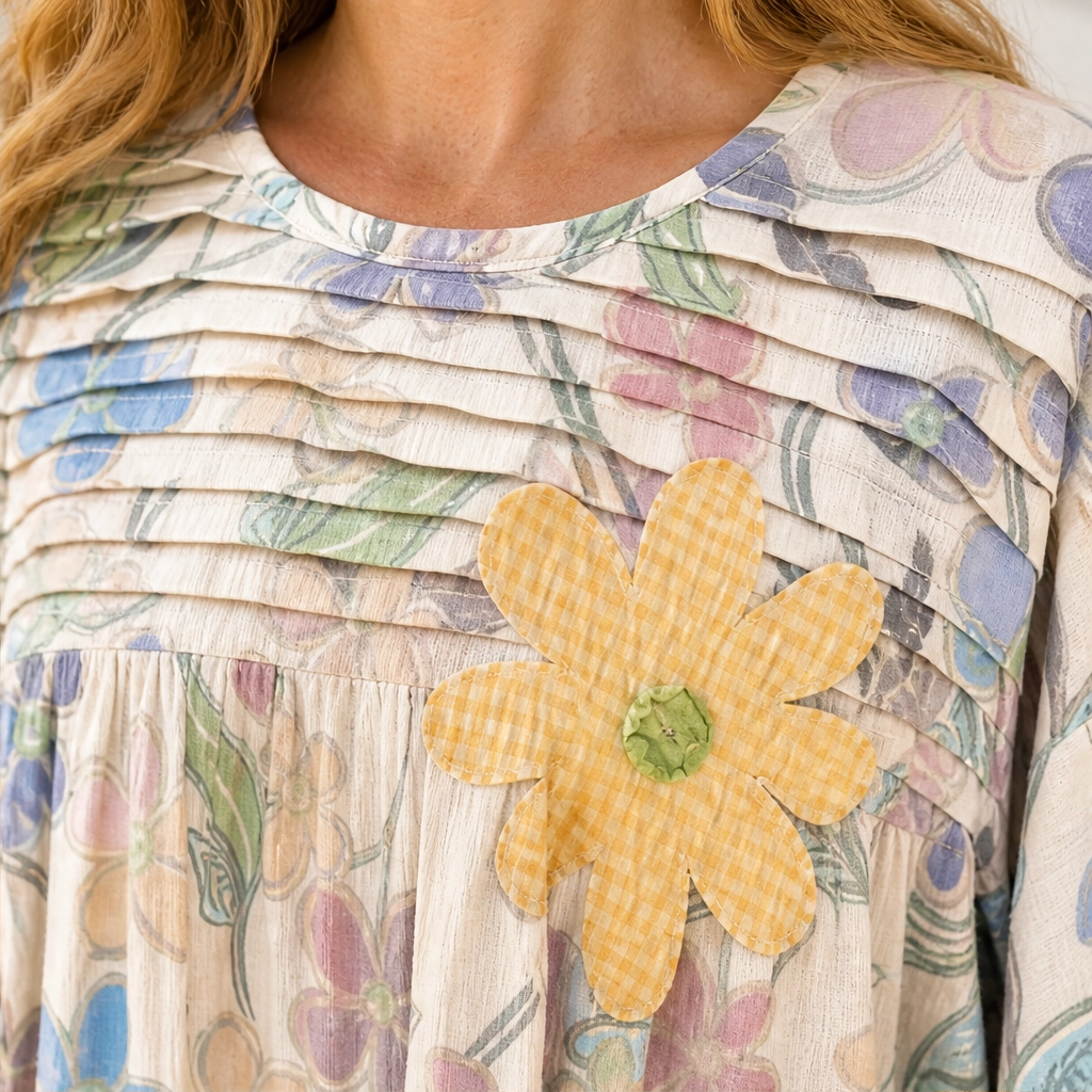 Primvale – Pleated Appliqué Floral Puff-Sleeve Blouse + 50% OFF