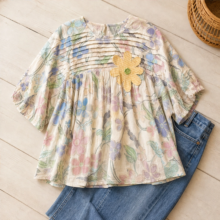 Primvale – Pleated Appliqué Floral Puff-Sleeve Blouse + 50% OFF
