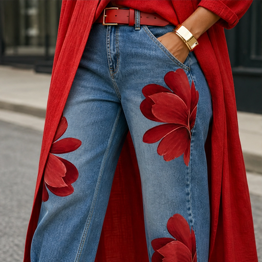 Petalene – Artistic Floral-Print Wide-Leg Cropped Jeans + 50% OFF