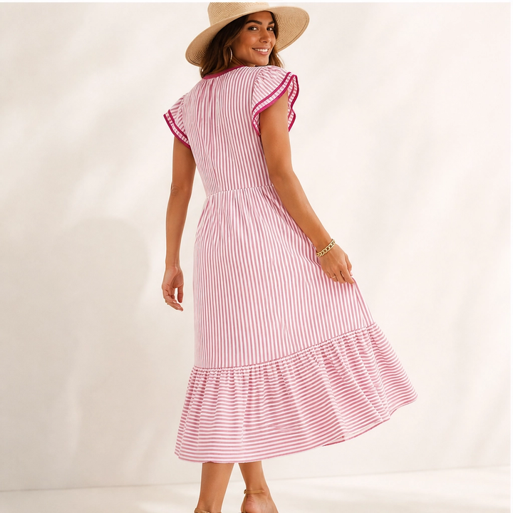Marisole – V-Neck Ruffle Striped Midi Dress with Pockets + 50% OFF