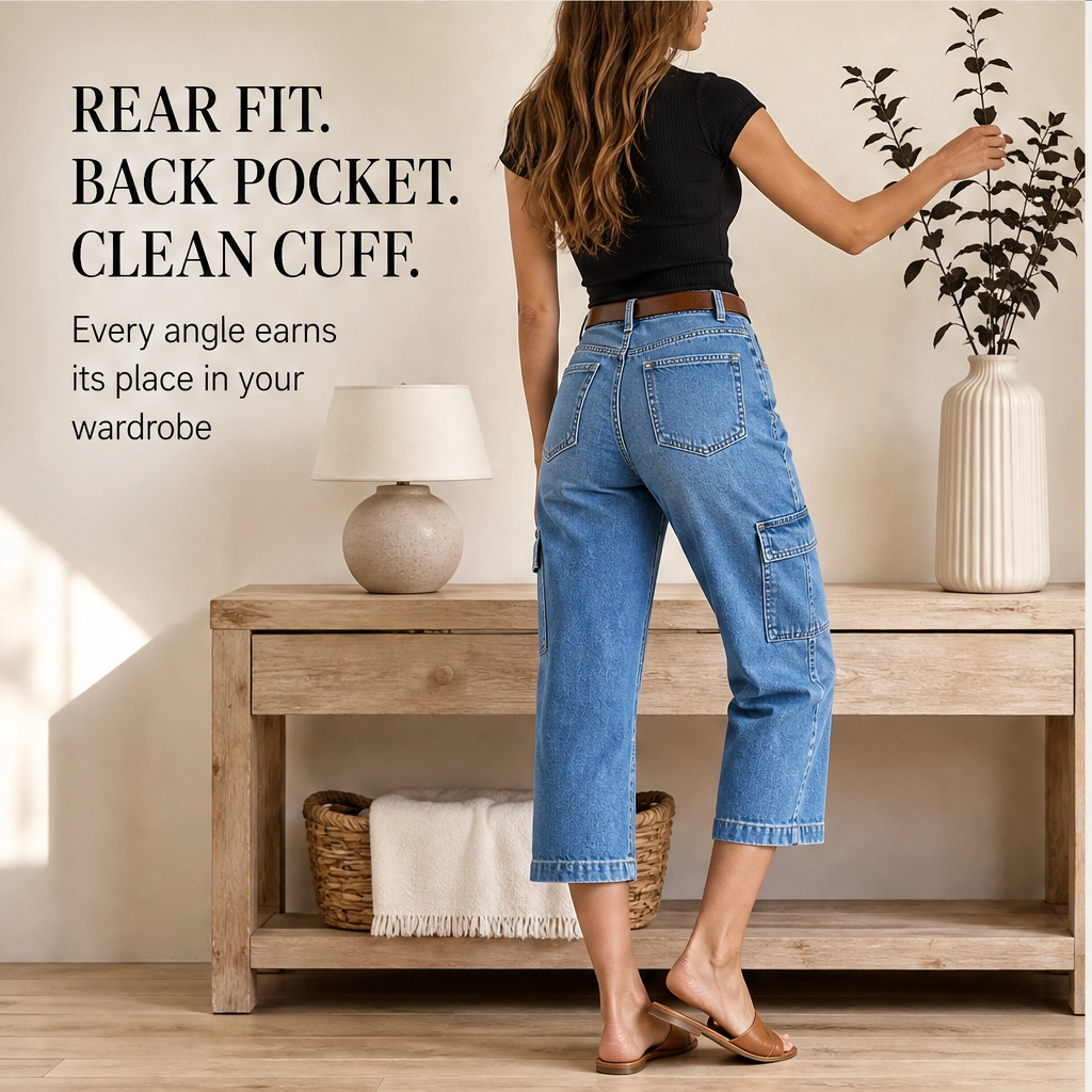Marlowe – Barrel-Fit Cropped Denim Pants with Utility Pockets, Mid-Waist + 50% OFF