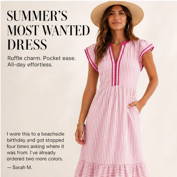 Marisole – V-Neck Ruffle Striped Midi Dress with Pockets + 50% OFF