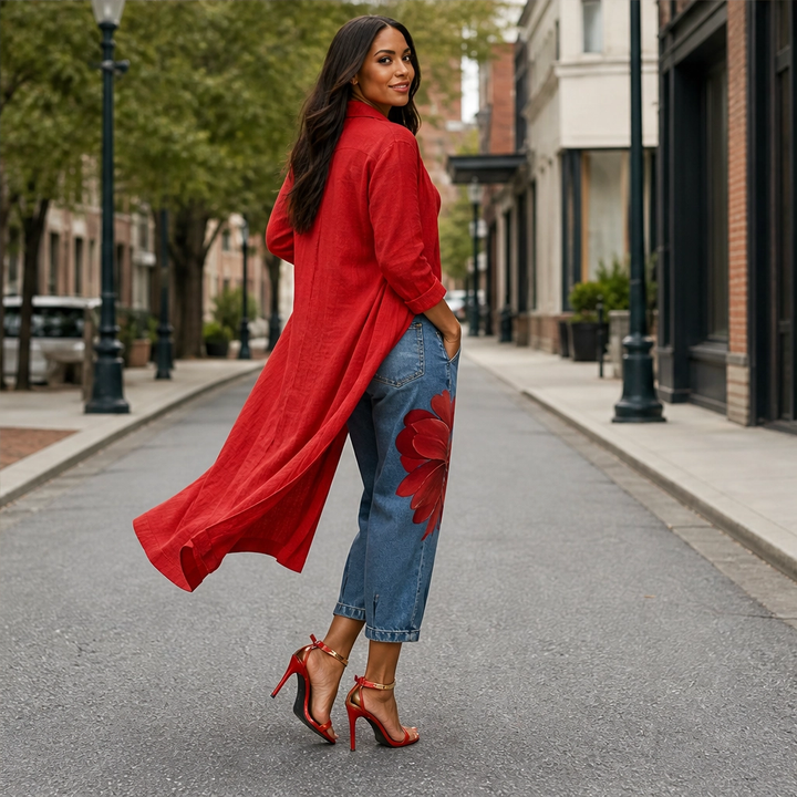 Petalene – Artistic Floral-Print Wide-Leg Cropped Jeans + 50% OFF