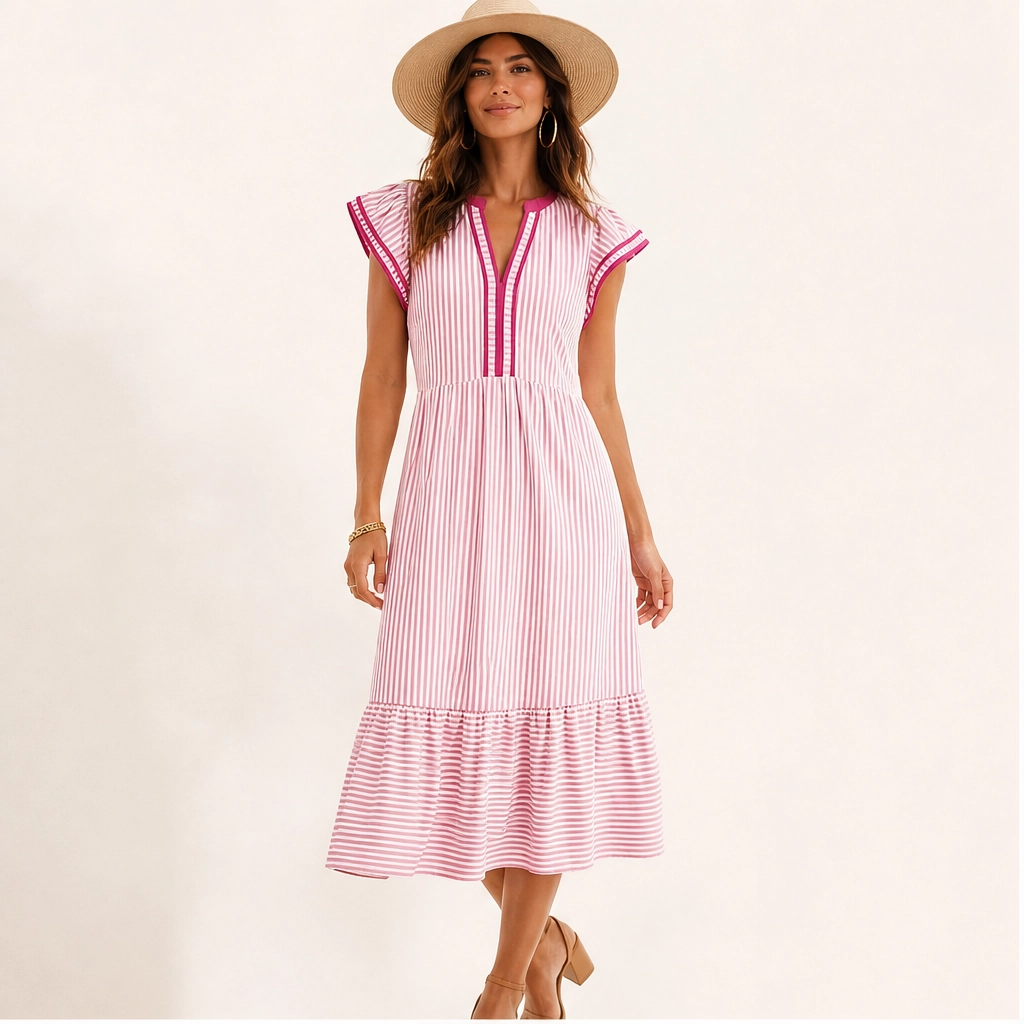 Marisole – V-Neck Ruffle Striped Midi Dress with Pockets + 50% OFF