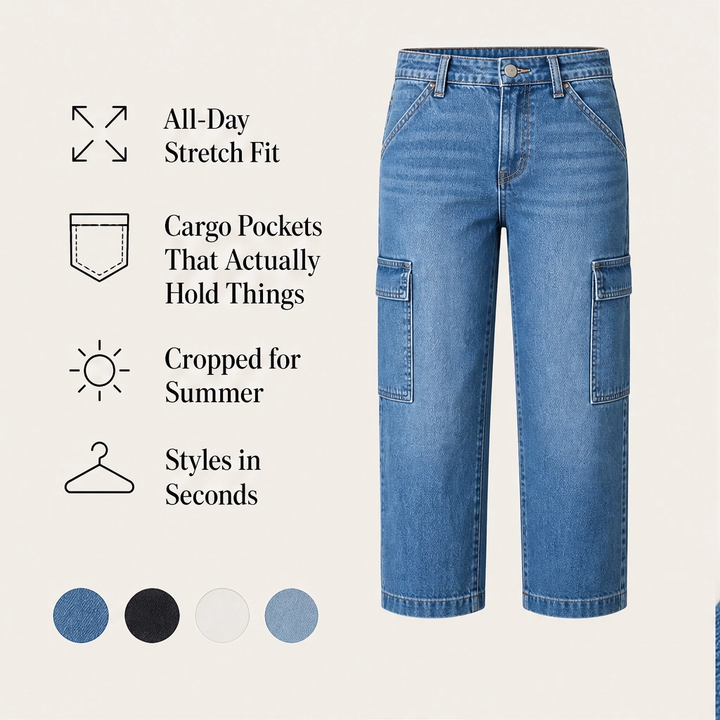 Marlowe – Barrel-Fit Cropped Denim Pants with Utility Pockets, Mid-Waist + 50% OFF