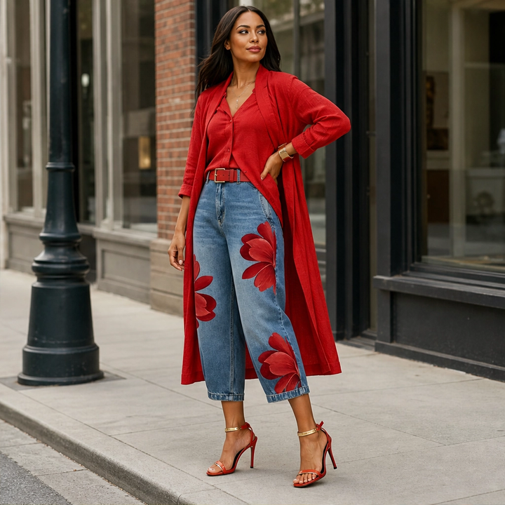 Petalene – Artistic Floral-Print Wide-Leg Cropped Jeans + 50% OFF