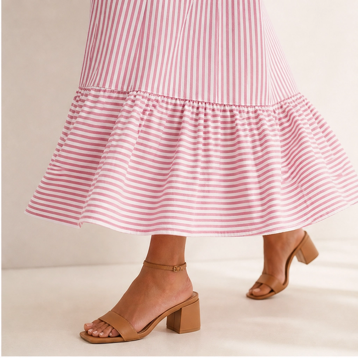 Marisole – V-Neck Ruffle Striped Midi Dress with Pockets + 50% OFF