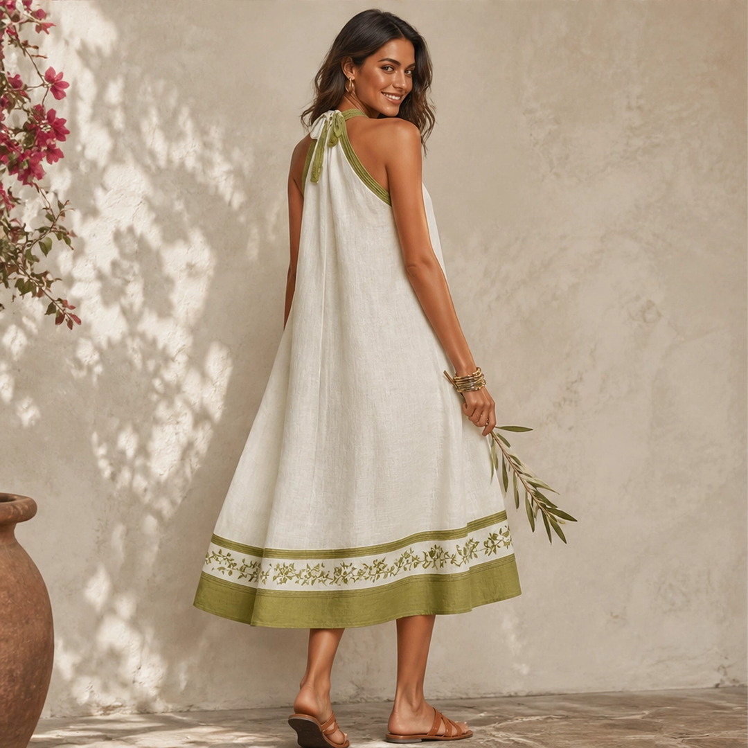 Olivelle – Floral Trim Sleeveless A-Line Linen-Blend Mini Dress + 50% OFF