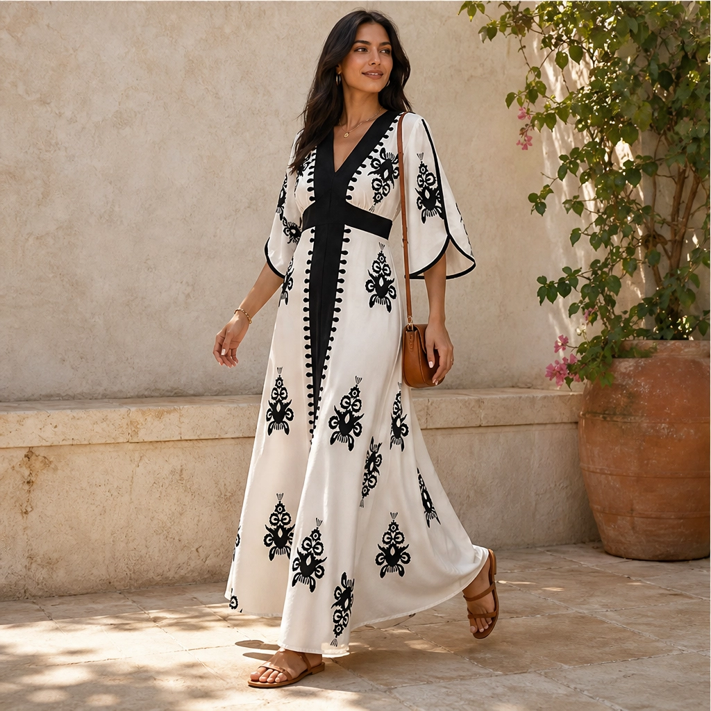 Solene – V-Neck Waist-Defining Print Maxi Dress with Pockets + 50% OFF