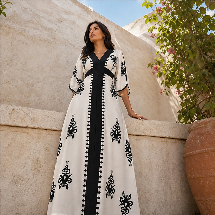 Solene – V-Neck Waist-Defining Print Maxi Dress with Pockets + 50% OFF