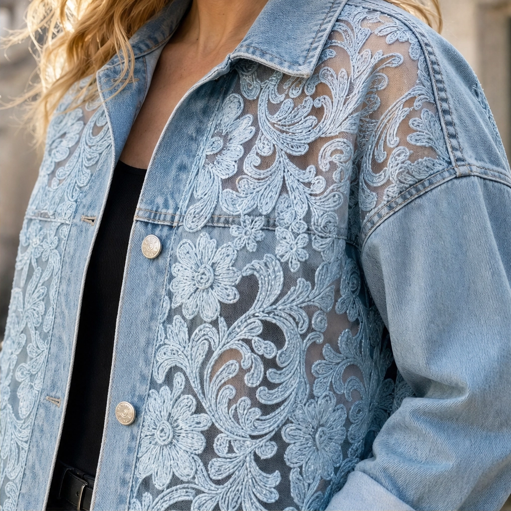 Fleurette – Floral Lace Patchwork Loose Denim Jacket + 50% OFF