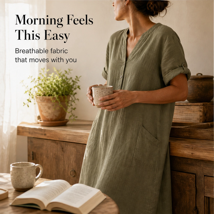 Willowen – Relaxed-Fit V-Neck Tunic Dress with Pockets, Breathable Linen-Blend + 50% OFF