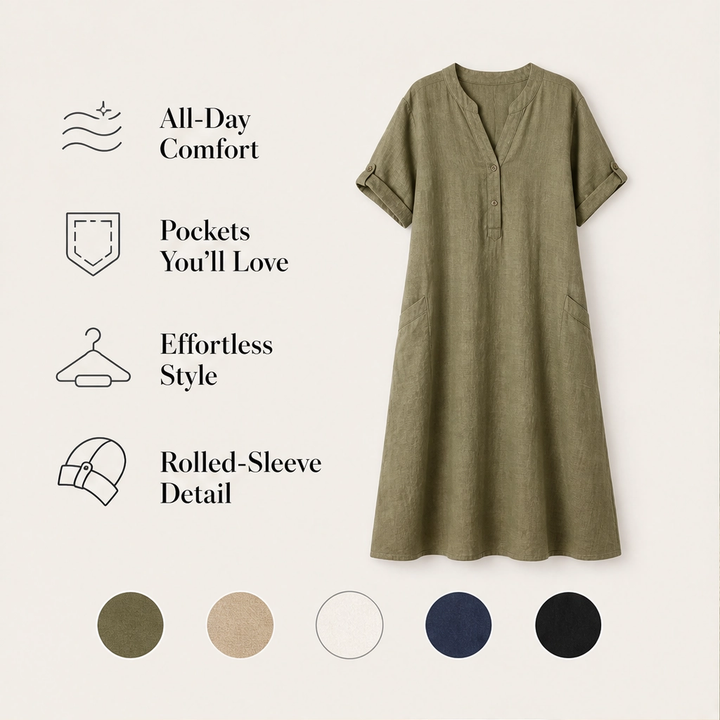 Willowen – Relaxed-Fit V-Neck Tunic Dress with Pockets, Breathable Linen-Blend + 50% OFF