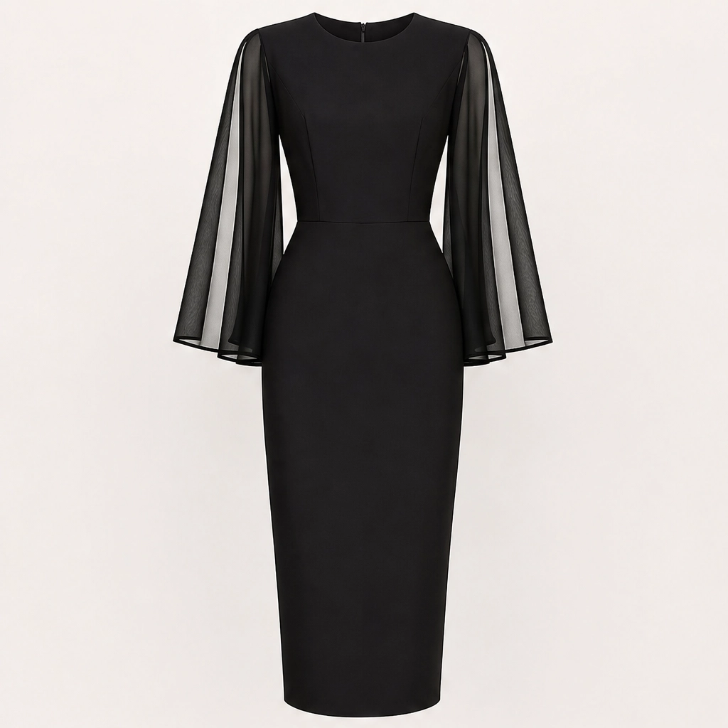 Soirelle – Chiffon Cape-Sleeve Fitted Midi Dress + 50% OFF
