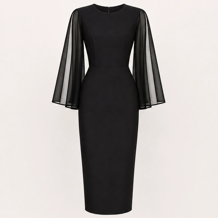 Soirelle – Chiffon Cape-Sleeve Fitted Midi Dress + 50% OFF