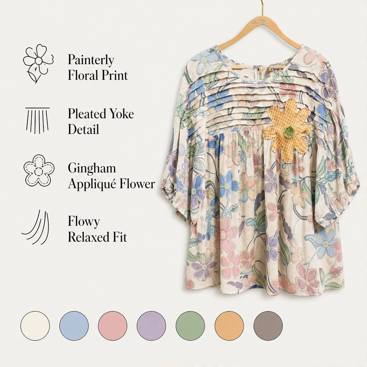 Primvale – Pleated Appliqué Floral Puff-Sleeve Blouse + 50% OFF