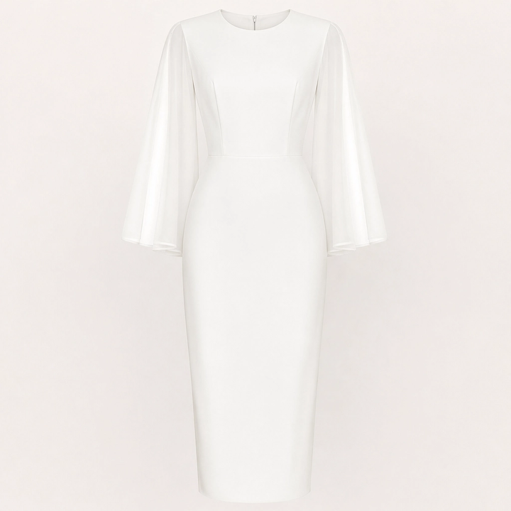 Soirelle – Chiffon Cape-Sleeve Fitted Midi Dress + 50% OFF