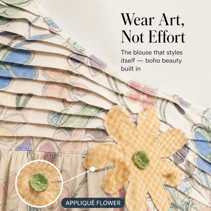 Primvale – Pleated Appliqué Floral Puff-Sleeve Blouse + 50% OFF