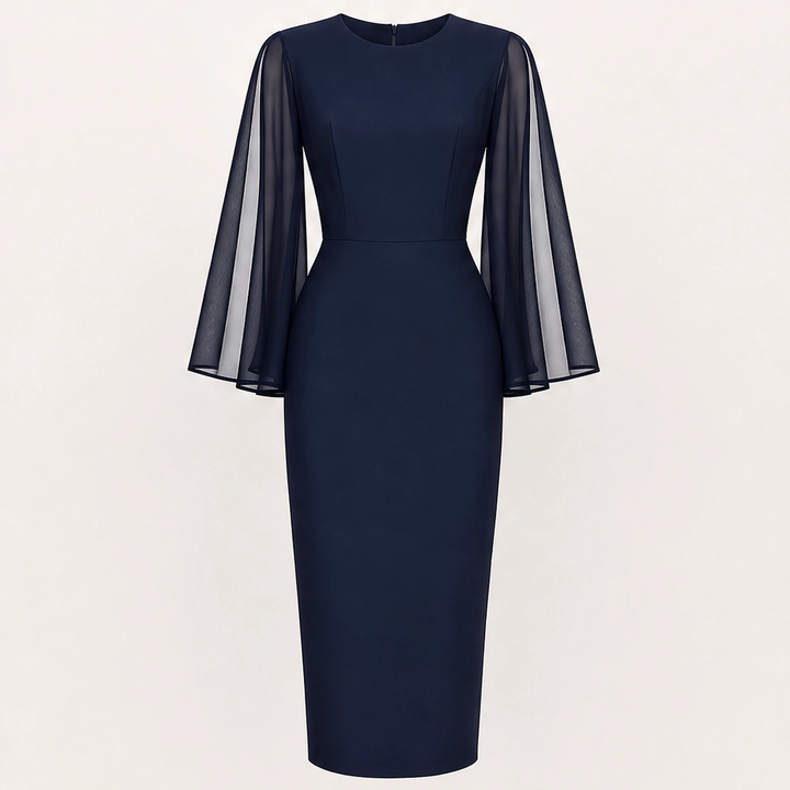 Soirelle – Chiffon Cape-Sleeve Fitted Midi Dress + 50% OFF