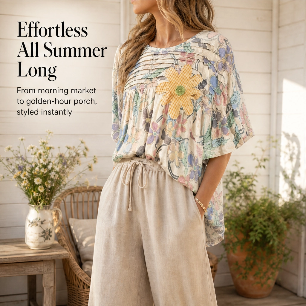 Primvale – Pleated Appliqué Floral Puff-Sleeve Blouse + 50% OFF