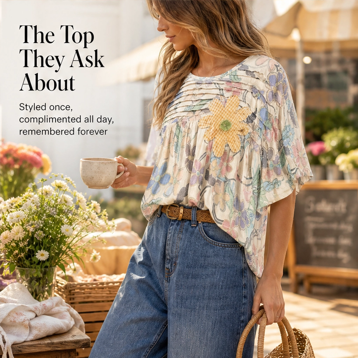 Primvale – Pleated Appliqué Floral Puff-Sleeve Blouse + 50% OFF