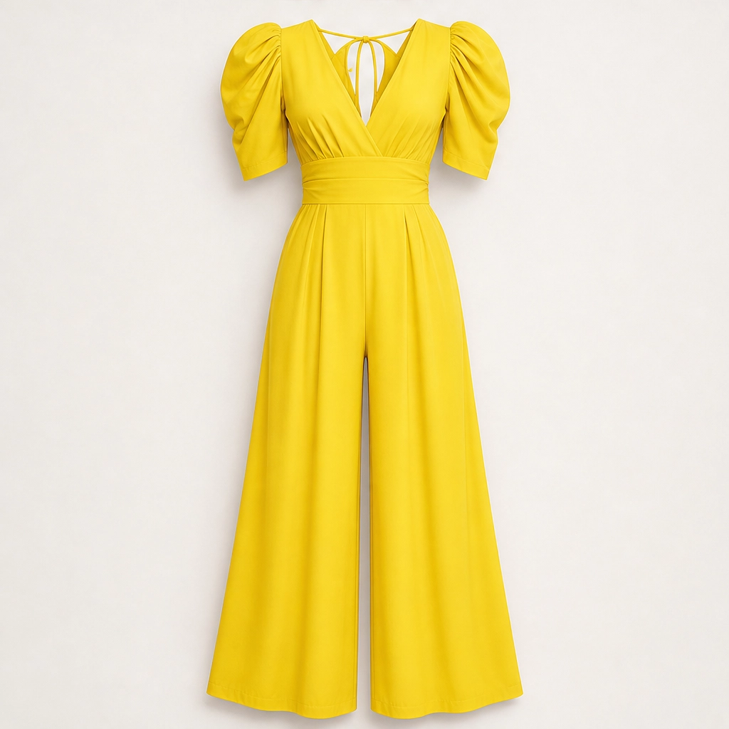 Ruchelle – Deep V-Neck Ruched-Waist Wide-Leg Jumpsuit + 50% OFF