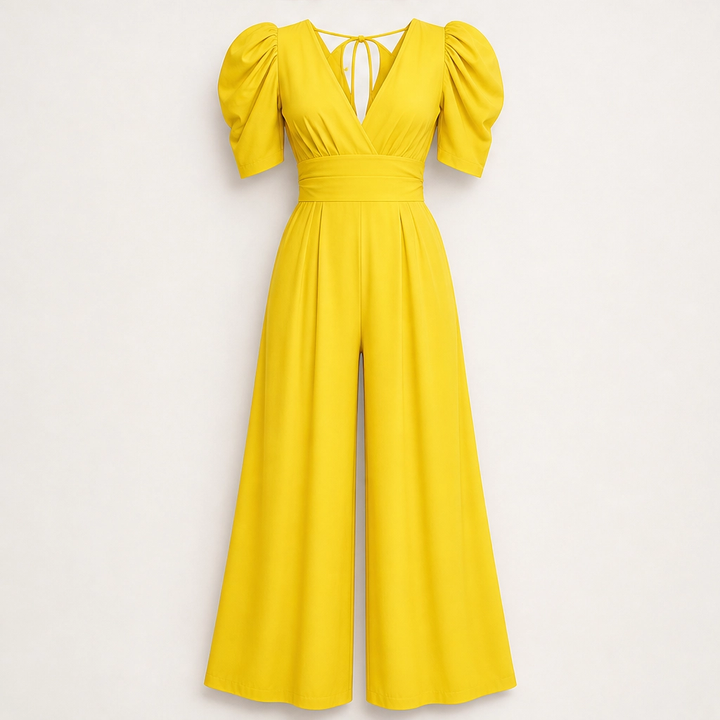 Ruchelle – Deep V-Neck Ruched-Waist Wide-Leg Jumpsuit + 50% OFF