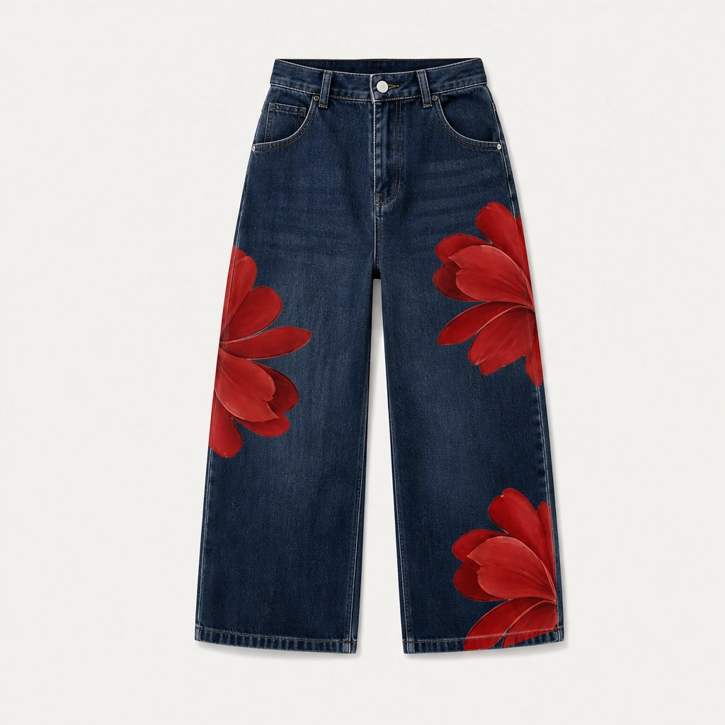 Petalene – Artistic Floral-Print Wide-Leg Cropped Jeans + 50% OFF