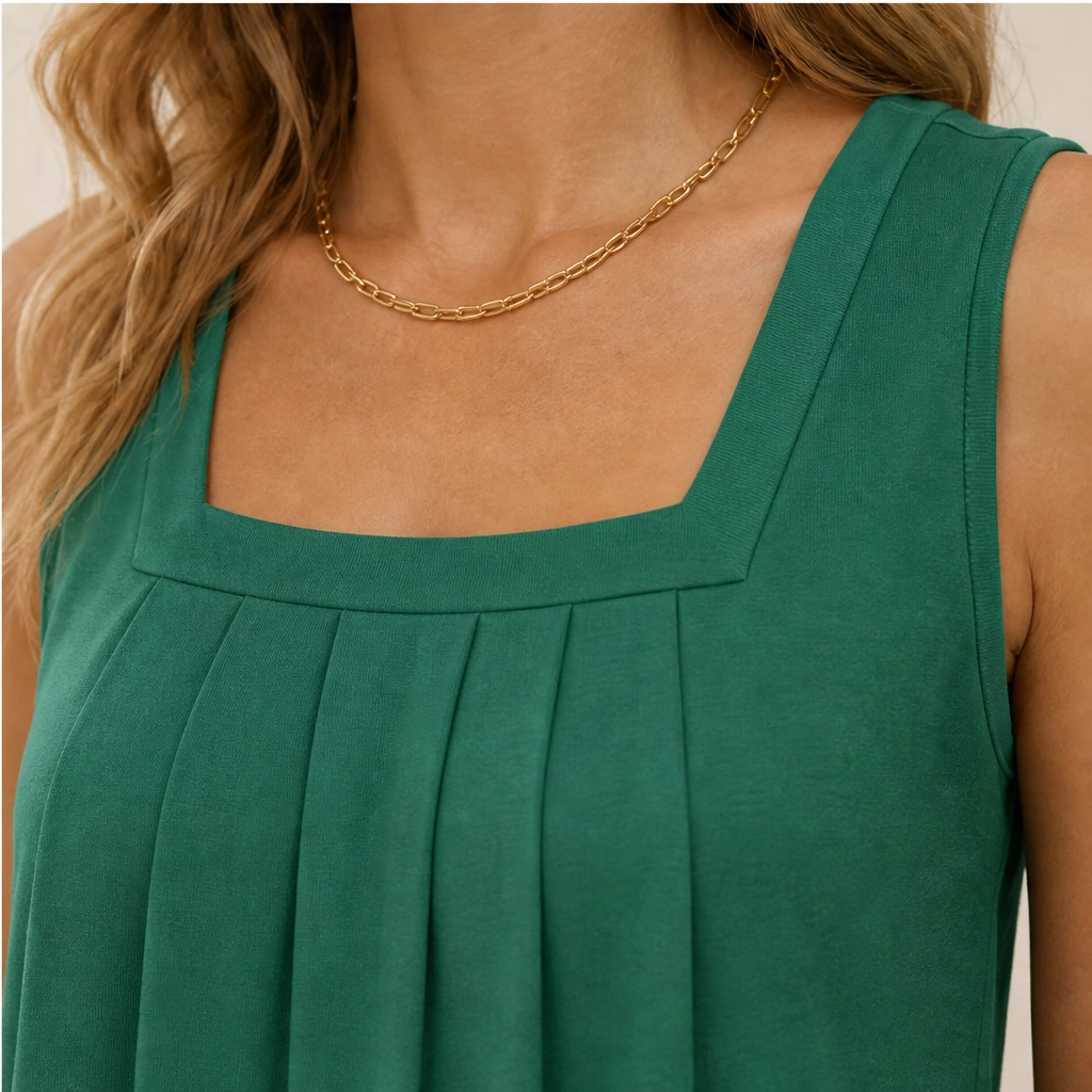 Vellara – Pleated Square Neck Flowy Sleeveless Tank Top + 50% OFF