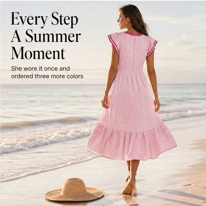 Marisole – V-Neck Ruffle Striped Midi Dress with Pockets + 50% OFF