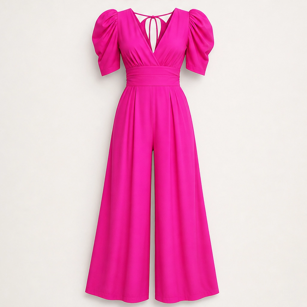Ruchelle – Deep V-Neck Ruched-Waist Wide-Leg Jumpsuit + 50% OFF
