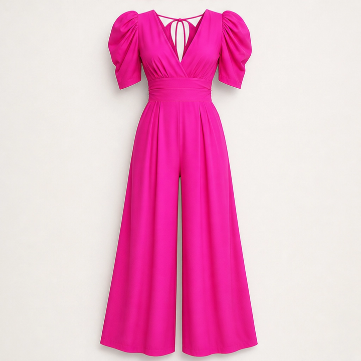 Ruchelle – Deep V-Neck Ruched-Waist Wide-Leg Jumpsuit + 50% OFF
