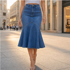 Vesperelle™ – High-Waist Flared Fishtail Denim Midi Skirt + 50% OFF