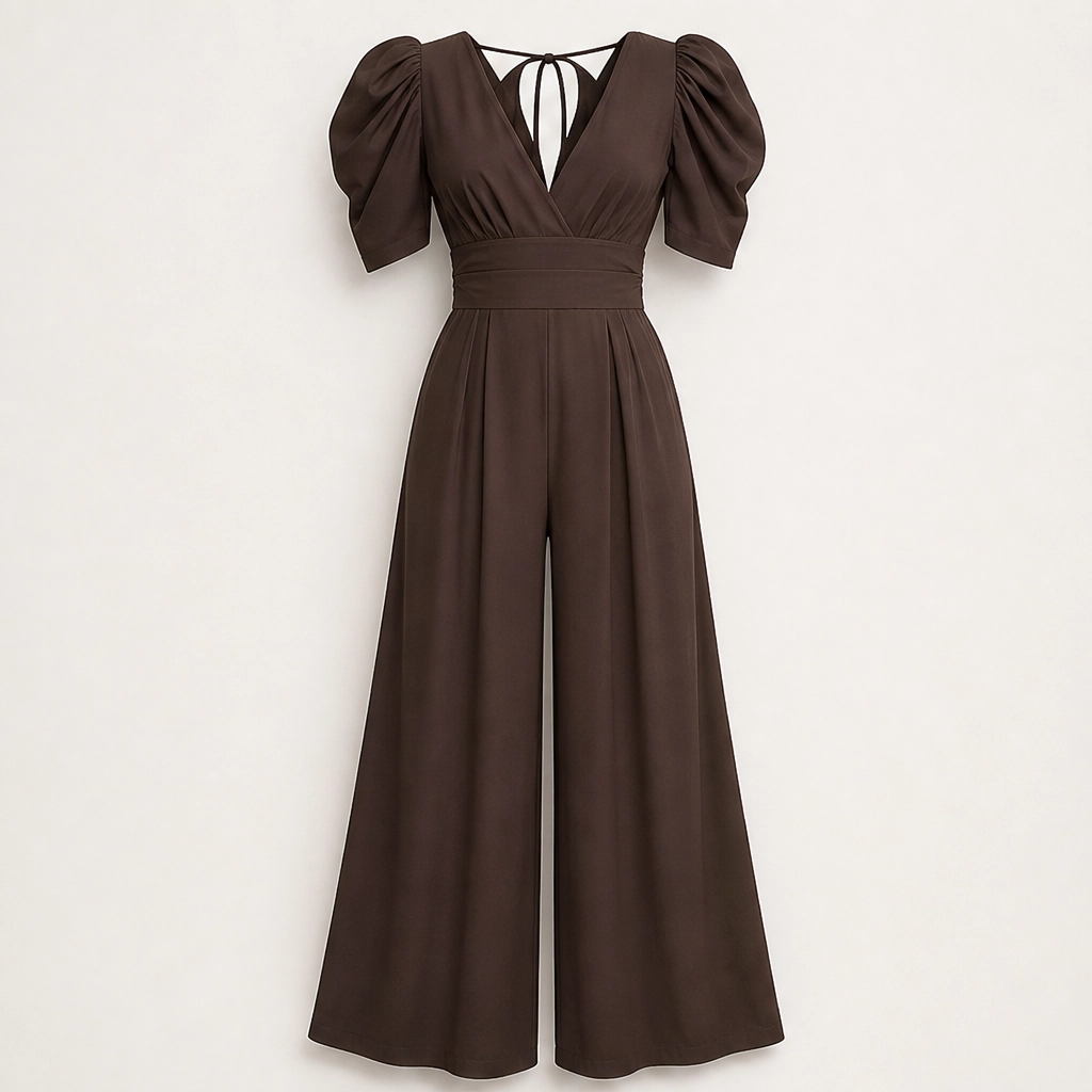 Ruchelle – Deep V-Neck Ruched-Waist Wide-Leg Jumpsuit + 50% OFF