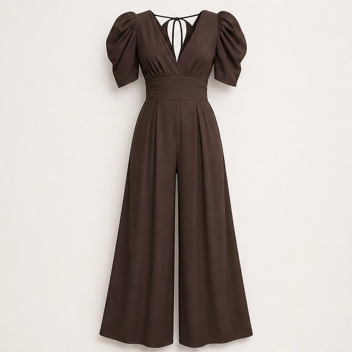 Ruchelle – Deep V-Neck Ruched-Waist Wide-Leg Jumpsuit + 50% OFF