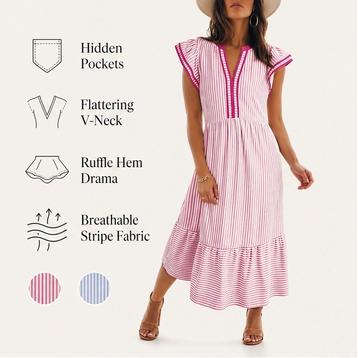 Marisole – V-Neck Ruffle Striped Midi Dress with Pockets + 50% OFF