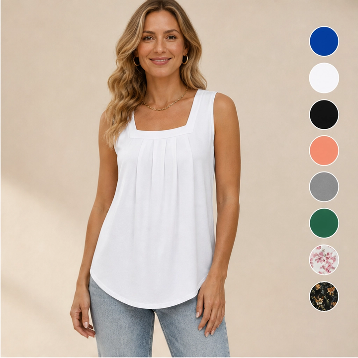 Vellara – Pleated Square Neck Flowy Sleeveless Tank Top + 50% OFF