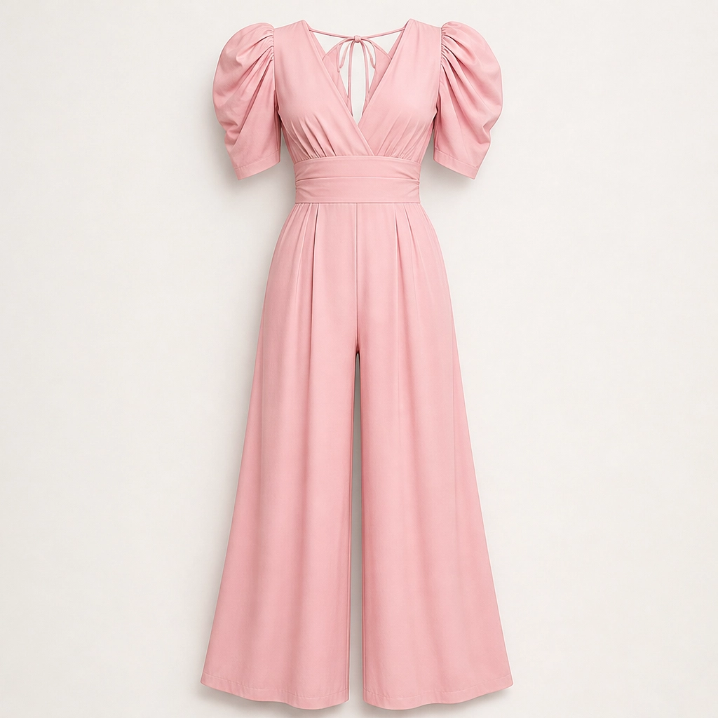 Ruchelle – Deep V-Neck Ruched-Waist Wide-Leg Jumpsuit + 50% OFF