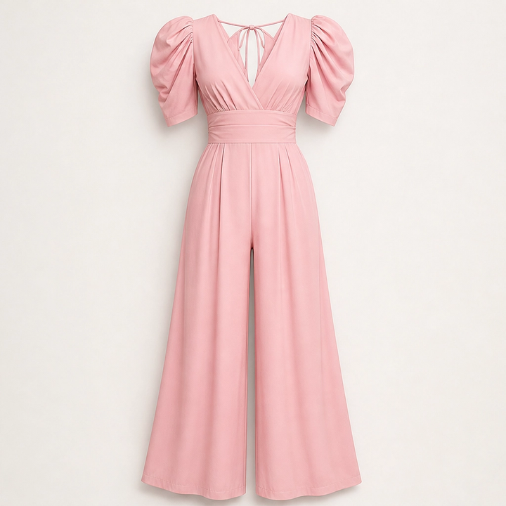 Ruchelle – Deep V-Neck Ruched-Waist Wide-Leg Jumpsuit + 50% OFF